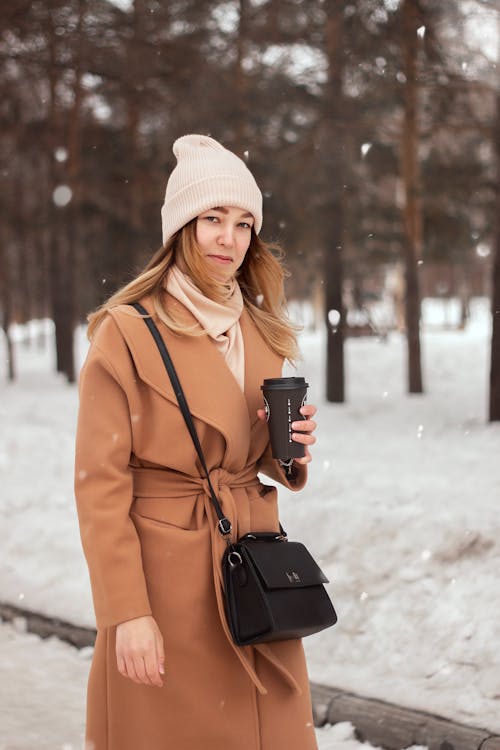 Woman in Brown Coat Lying on Snow · Free Stock Photo