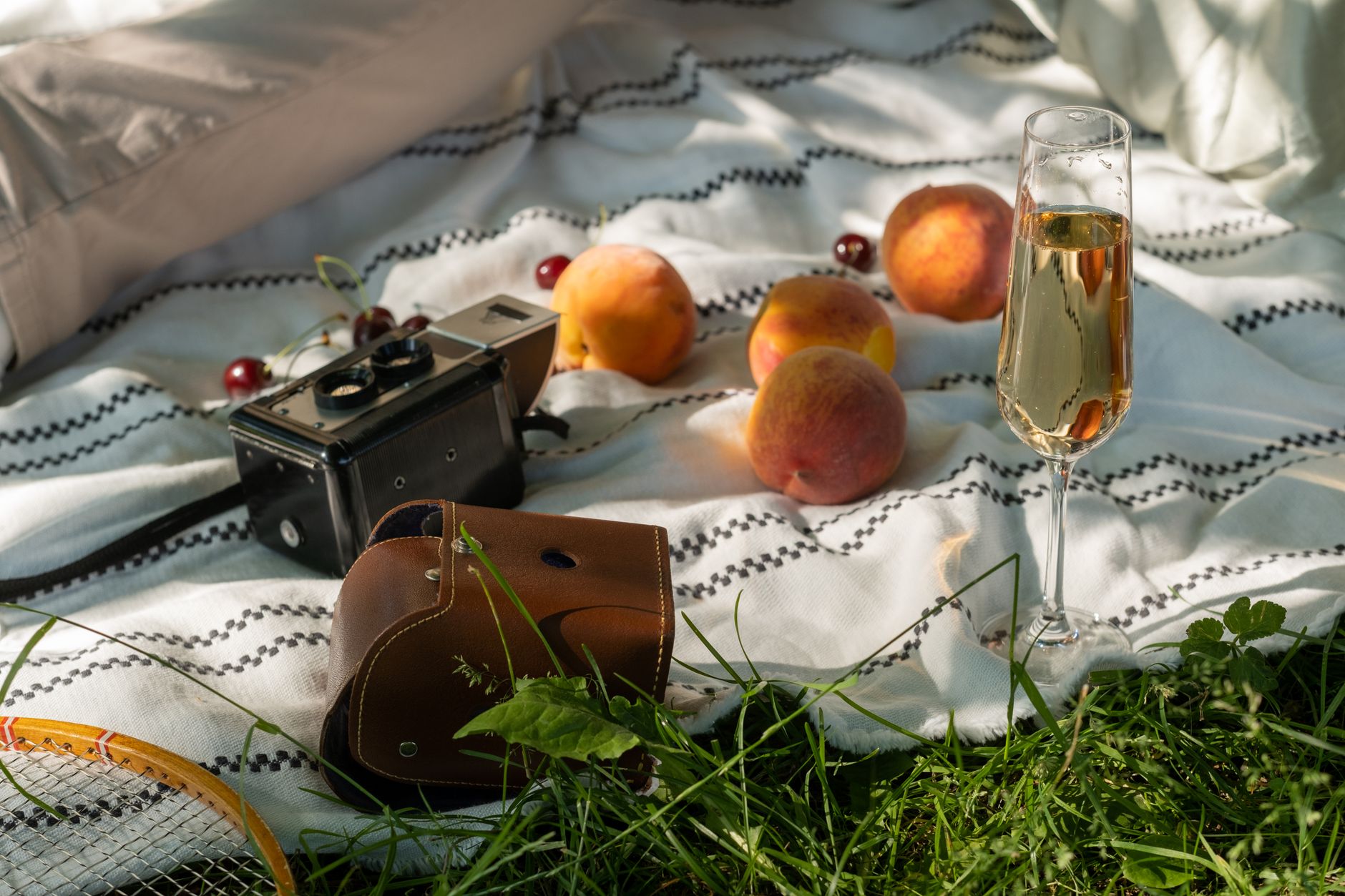 Close-up of balsamic cherries and sliced peaches