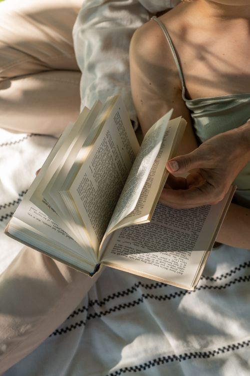 Free Person flipping through a book while lounging in a sunlit room, evoking relaxation. Stock Photo