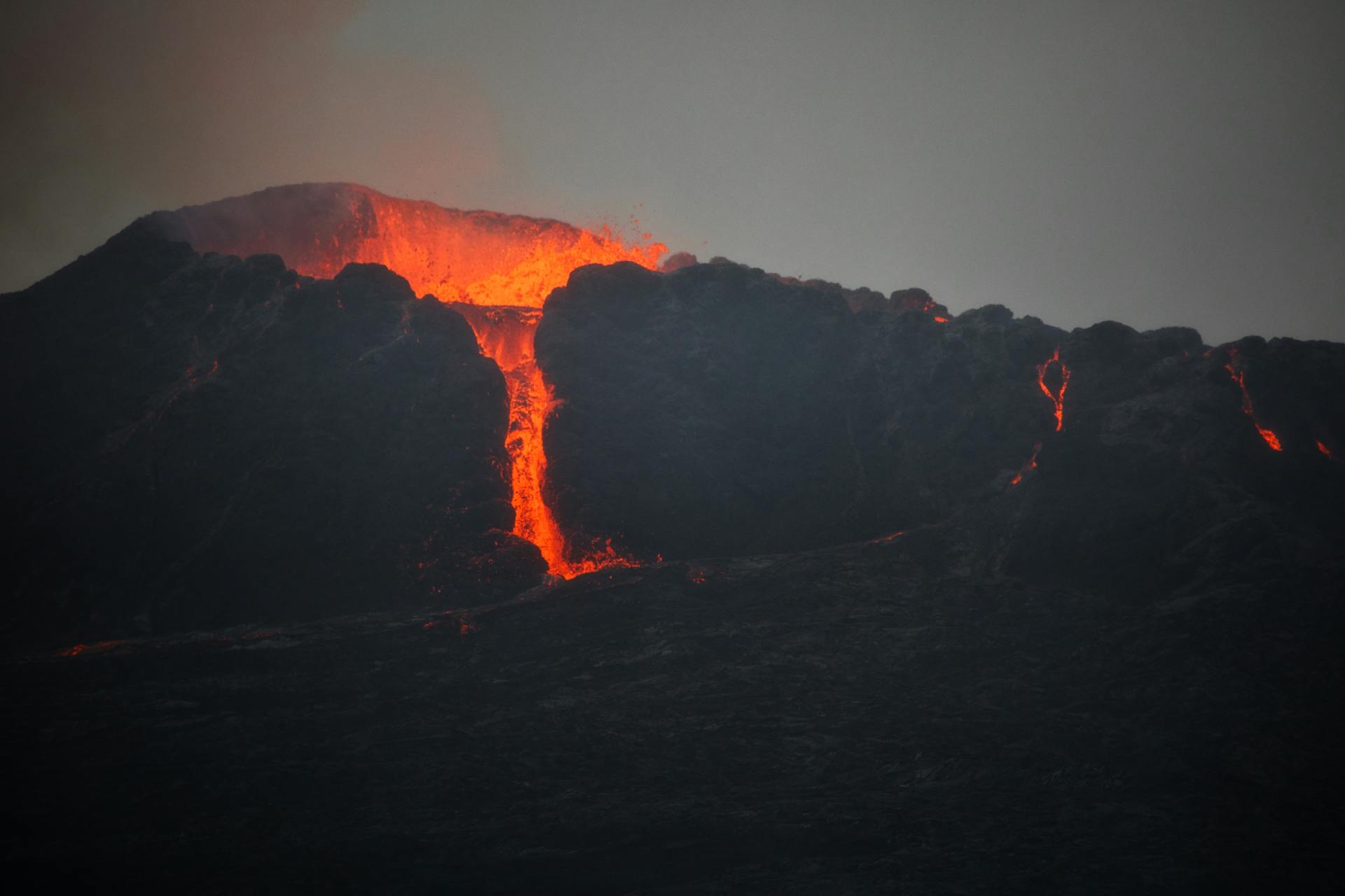 Molten Lava Cascading down the Volcano Side