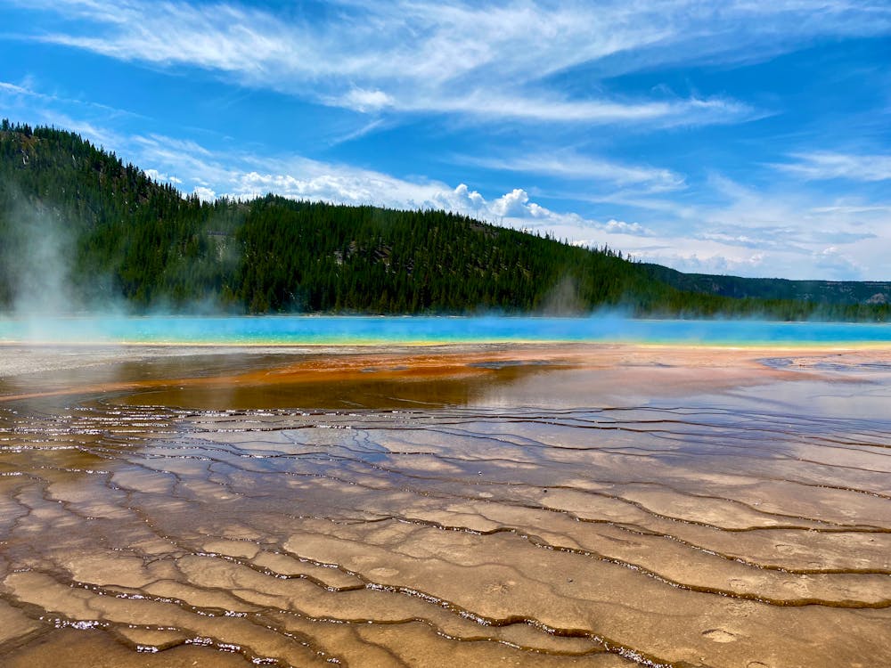 Free Yellowstone's Grand Prismatic Spring Under Blue Sky  Stock Photo