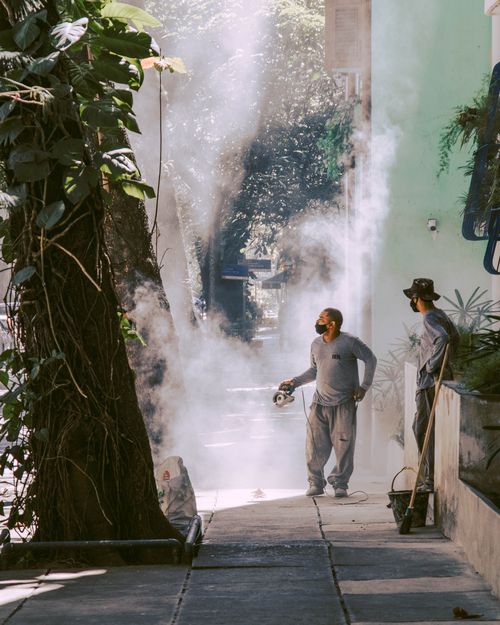 Free Two workers fumigate a sidewalk, wearing protective masks and uniforms, surrounded by smoke and greenery. Stock Photo