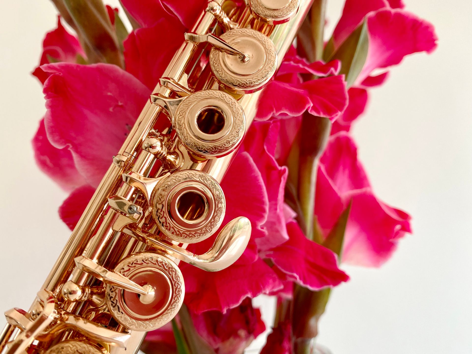 Elegant golden flute beside vibrant pink gladiolus flowers, showcasing musical beauty.