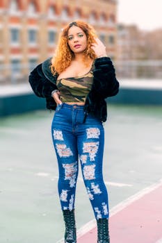 Stylish woman with curly hair poses confidently in London, wearing denim and camo.