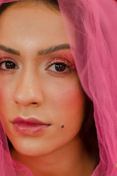 Close-up portrait of a woman with artistic glitter makeup, pink veil, and vibrant lipstick.