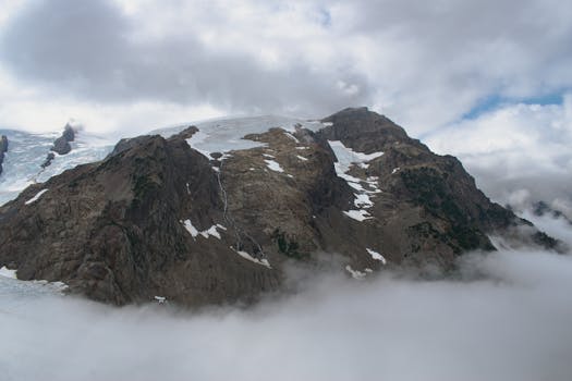 Breathtaking view of a rocky mountain peak with snow and glaciers in Washington, USA.