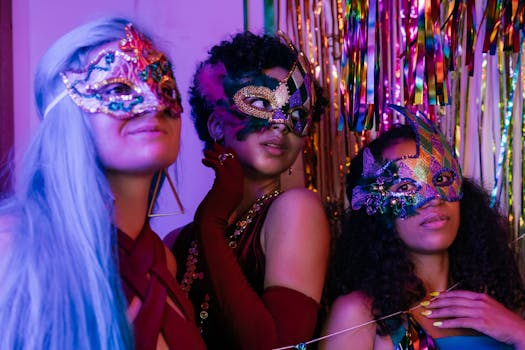 Three women in masquerade masks celebrate at a vibrant party with colorful decorations.