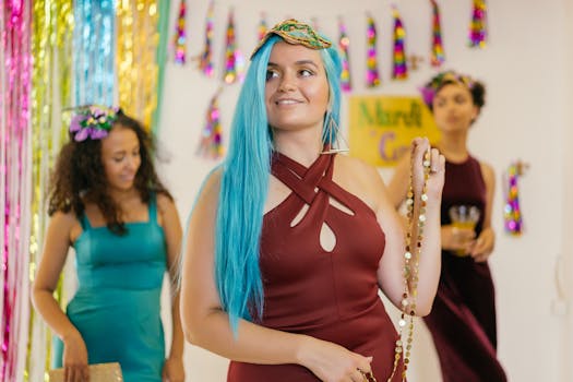 Vibrant Mardi Gras celebration with women in colorful costumes and decorations.