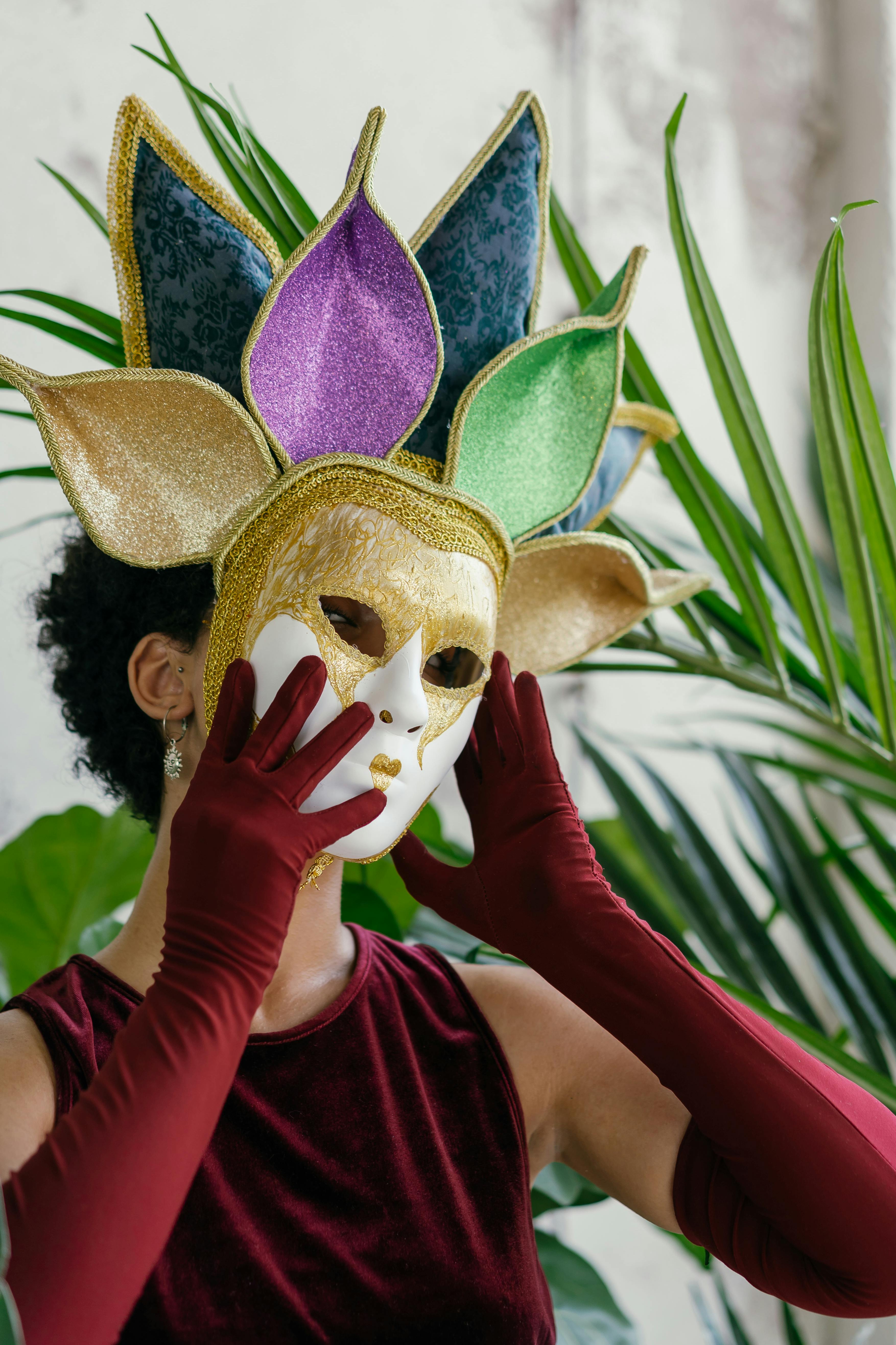 Free A person wearing a colorful mask and costume, embodying carnival spirit. Stock Photo