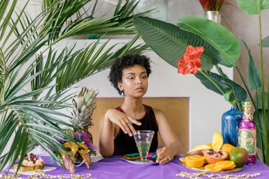 A festive scene featuring a woman with tropical decor, fruits, and a mask, perfect for celebrations.