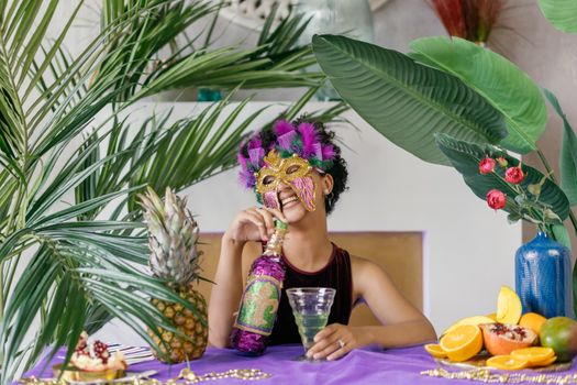 A joyful Mardi Gras celebration featuring a masked woman amidst vibrant fruits and tropical foliage.
