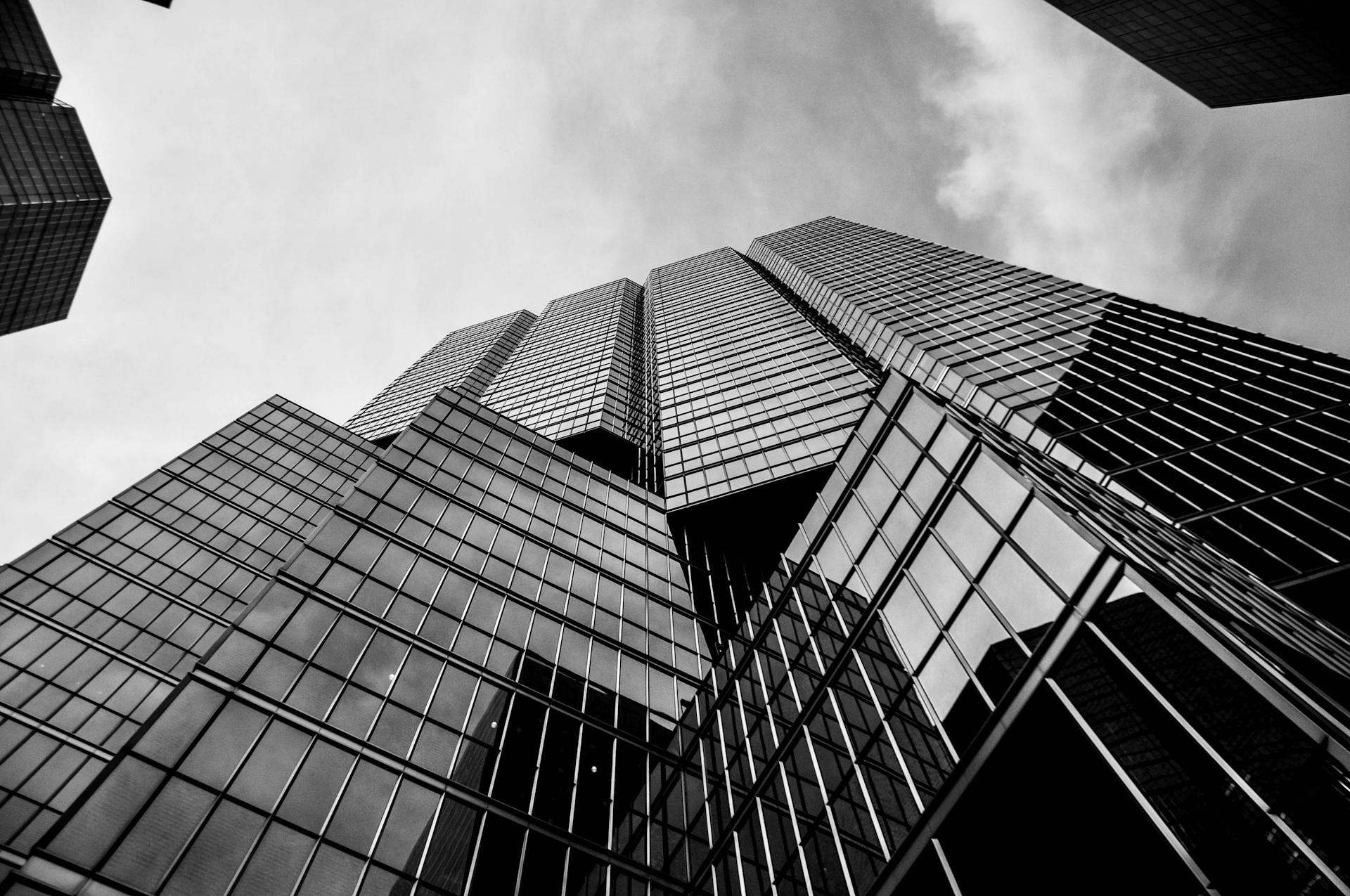 Low-angle shot of towering skyscrapers in Toronto showcasing modern reflective glass architecture.