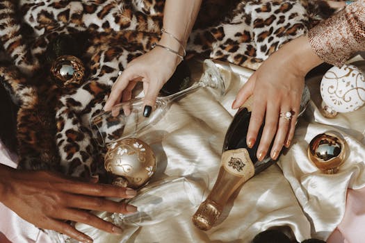 A lavish setting with champagne, golden ornaments, and elegant hands on satin and fur.