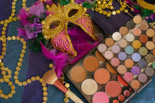Colorful carnival mask surrounded by cosmetics and beads, capturing festive spirit.