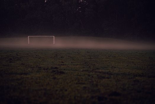A serene misty soccer field at twilight featuring a lone goalpost surrounded by nature.