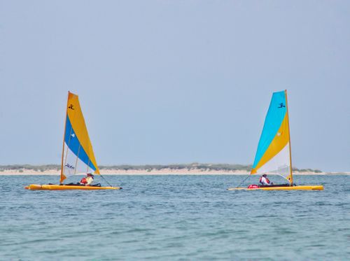 Free Two vibrant sailboats gliding on calm ocean waters under a clear sky. Stock Photo