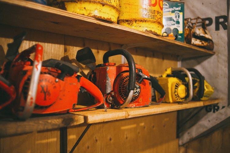 Motors On Wooden Shelf In Workshop