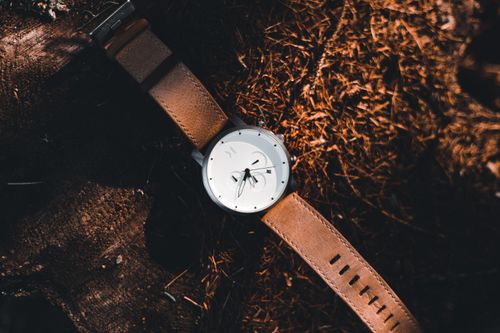 Free Elegant wristwatch with leather strap on natural background, showcasing luxury design. Stock Photo