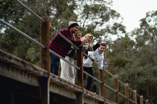 Free Group of friends laughing and holding beer cans on a wooden bridge in nature. Stock Photo