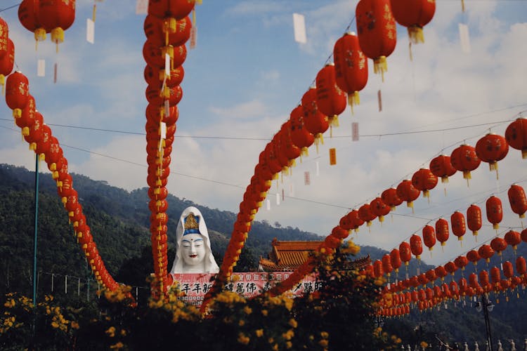 Red Lanterns Hanging On Lines In Kek Lok Si Temple In Penang Malaysia