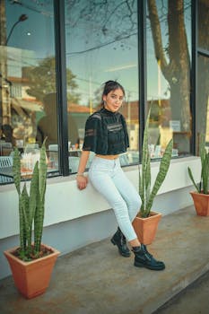 Stylish young woman posing by potted snake plants outside a cafe.