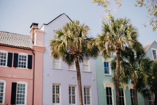 Pastel historic row houses and palmetto trees in Charleston, a top destination for people moving to South Carolina