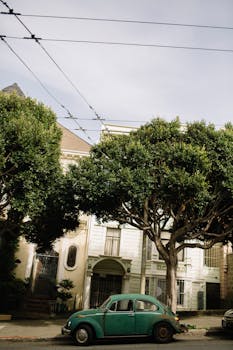 Classic green car parked under lush trees on an urban street with historic architecture.