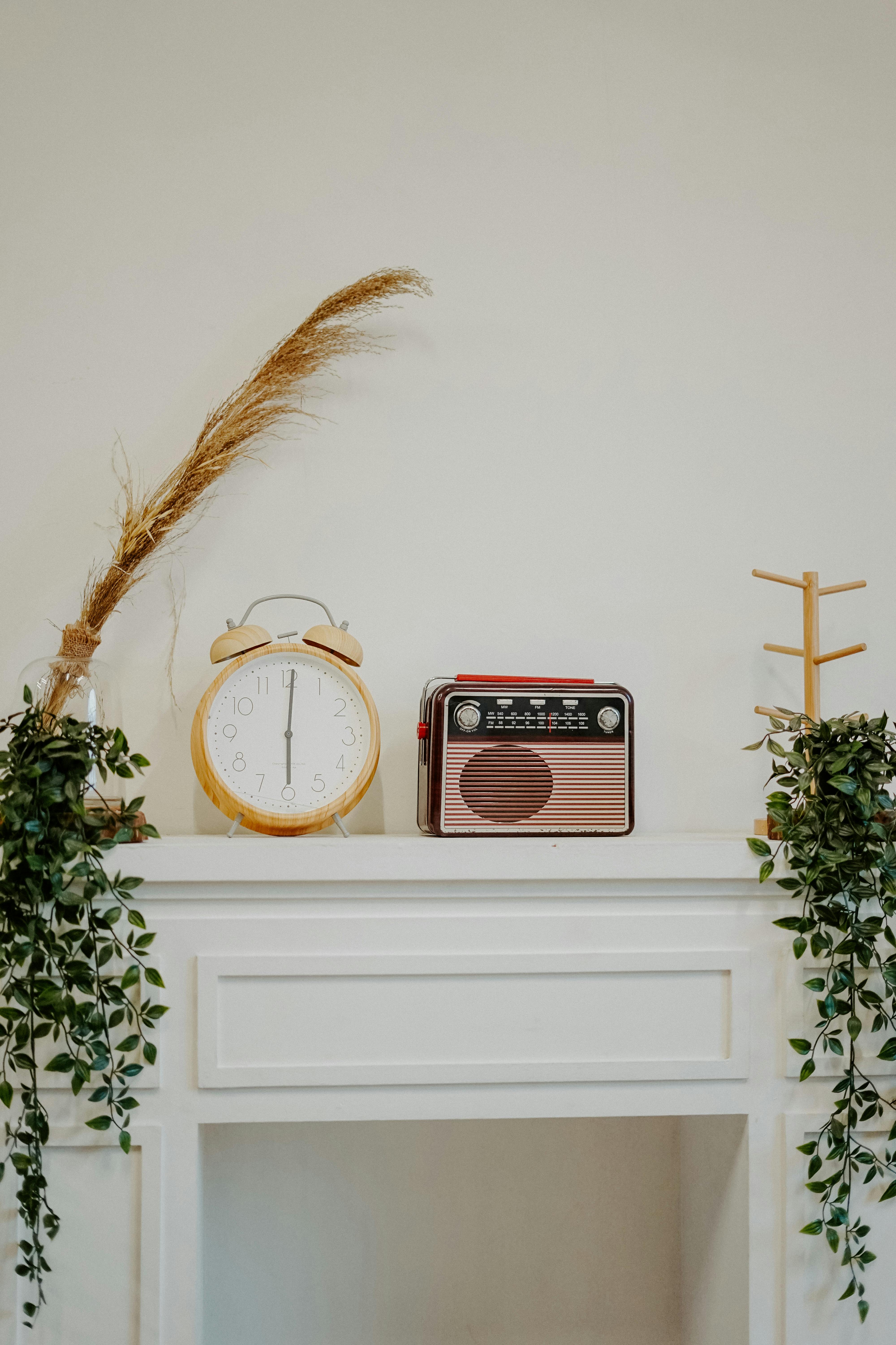 Elegant display of a vintage alarm clock and radio on a white mantelpiece with plants.