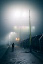 路灯照亮雾蒙蒙的街道上，一个人影的剪影营造出大气的夜色