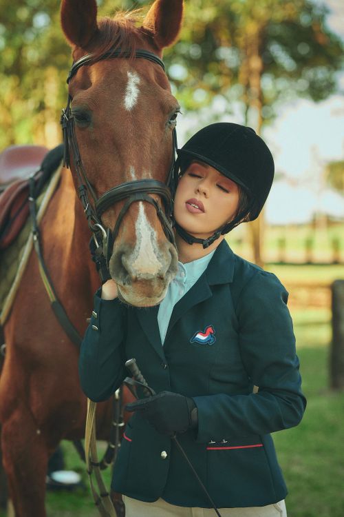 Free A young woman in equestrian gear lovingly with her horse outdoors. Stock Photo