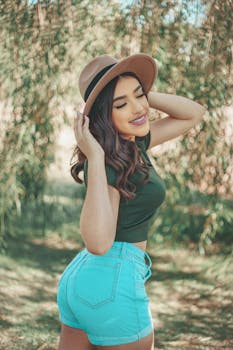 Young woman posing confidently outdoors in summer attire.