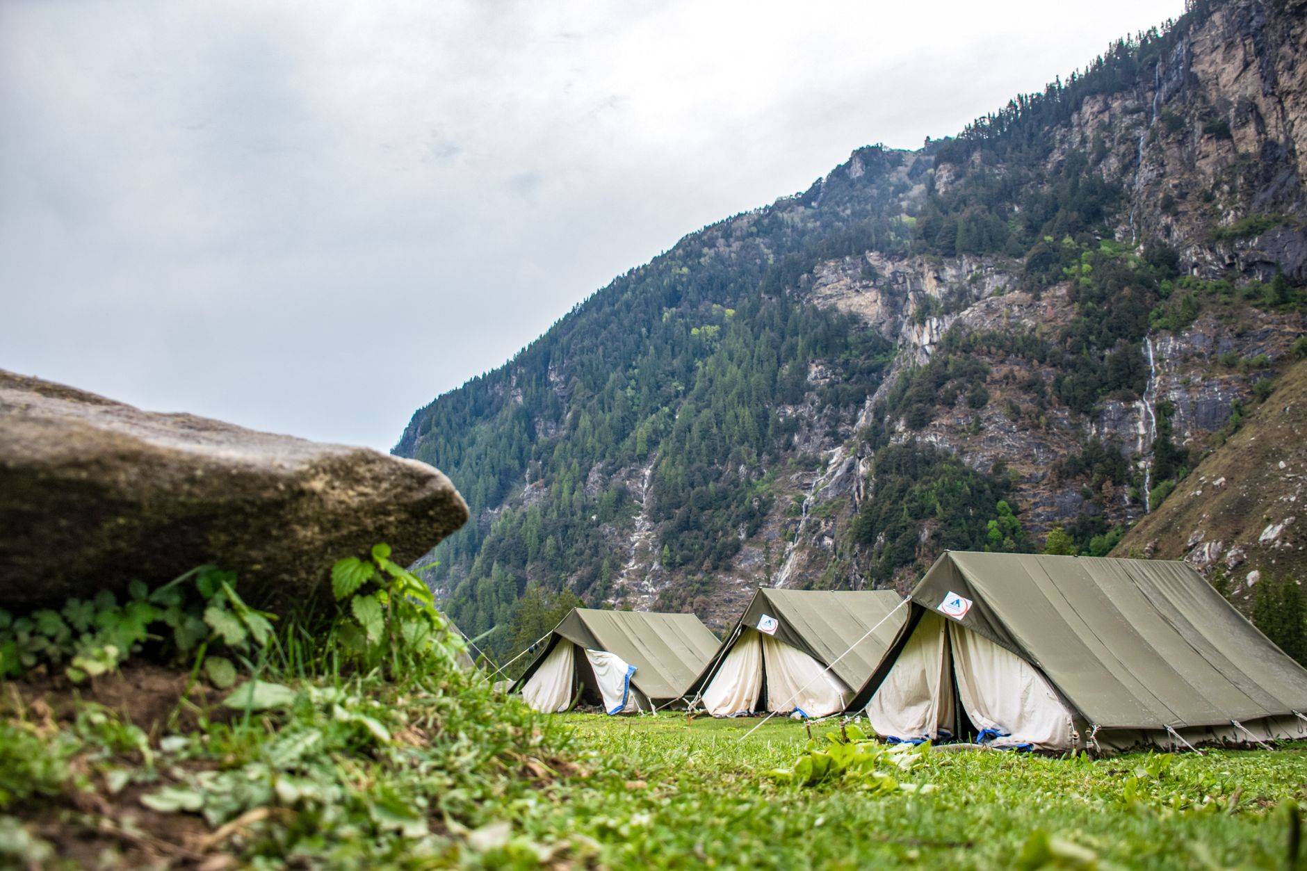 Tenda di hamparan rumput hijau di pegunungan