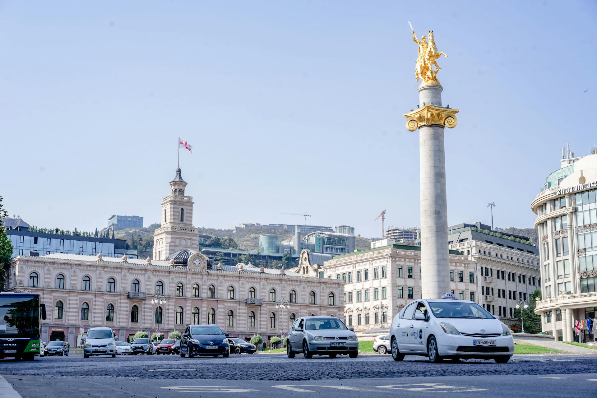 View of Freedom Square in Tbilisi, Georgia, featuring the St. George Statue and surrounding architecture.