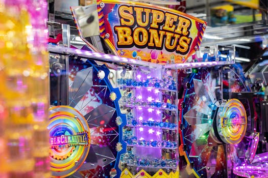 Colorful neon arcade machine featuring a 'Super Bonus' display with bright lights and playful design.