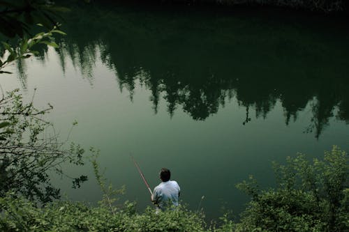 High-Angle Shot of a Person Fishing on the Lake