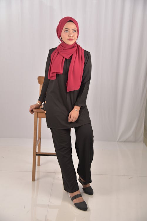 Woman in Black Clothes and Red Hijab