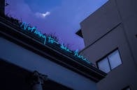 低角度镜头拍摄的城市夜空霓虹灯标志上写着“这里没什么可看的”