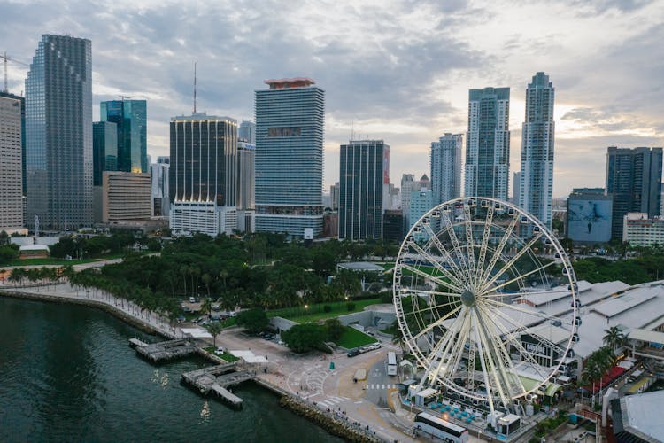 Aerial Photography Of High Rise Buildings And Ferris Wheel In Miami, Florida