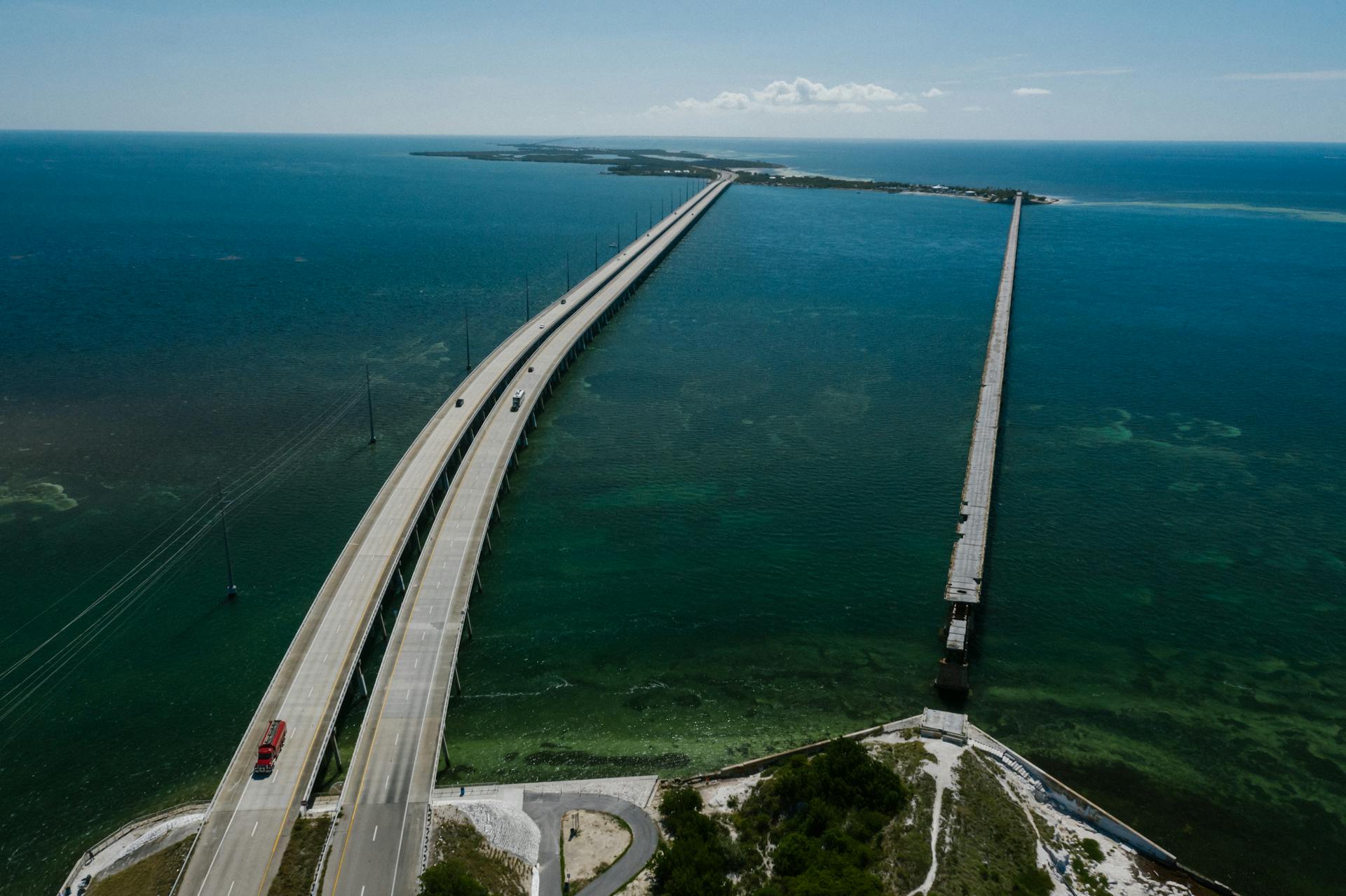 Aerial View of The Seven Mile Bridge Above the Sea