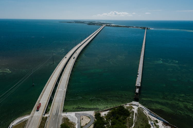 Aerial View Of The Seven Mile Bridge Above The Sea