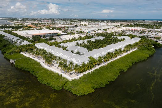 Aerial photo of Key West waterfront villas surrounded by lush greenery and ocean.