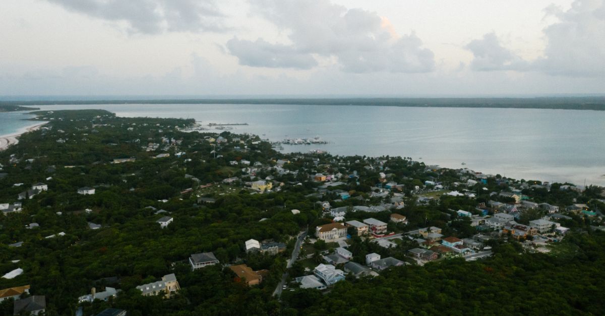A picturesque aerial view of a coastal town with lush greenery and expansive ocean bay.