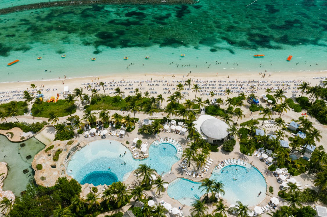Birds Eye View of Swimming Pools at a Beachfront Resort