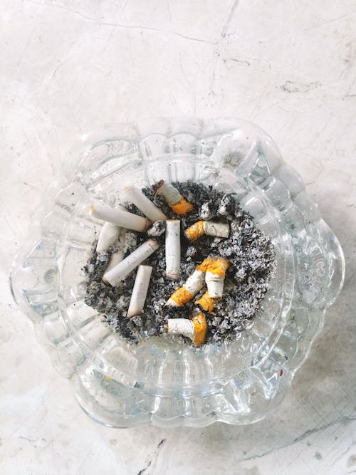 Cigarette Butts on Clear Glass Ashtray