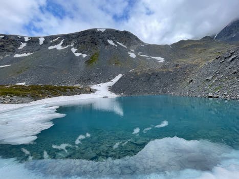 Serene mountain lake with turquoise water surrounded by rocky and snowy peaks under a cloudy sky.