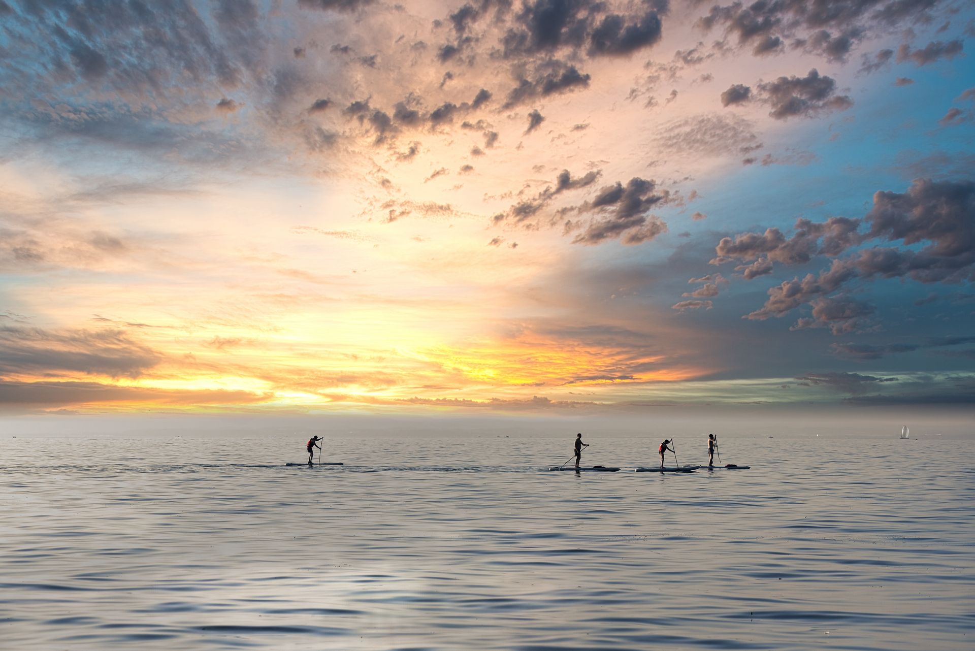 Paddle boarders on a lake at sunset