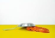 一幅以煎锅中龙虾为主题的创意静物画，背景是充满活力的黄色