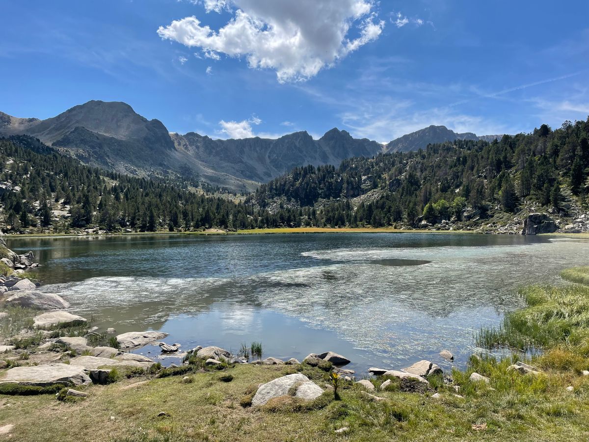 Lacul glaciar Estany Primer, înconjurat de pădure și munți, la Grau Roig