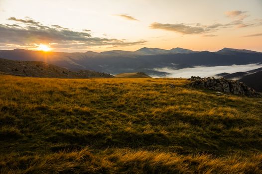 在宁静的山地景观中，迷人的日出以草地为前景，映衬着薄雾笼罩的山谷