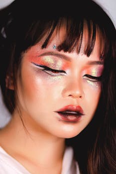 Close-up portrait showcasing vibrant glitter makeup on a woman with artistic flair.